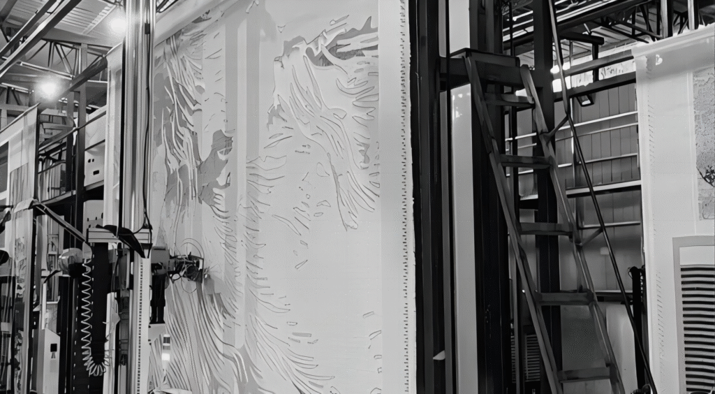 Automated tufting carpet machine operating inside Gantely manufacturing facility